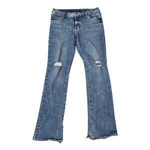 Express Skyscraper Mid Rise Jeans Womens L Blue Bootcut Distressed Stretch Denim